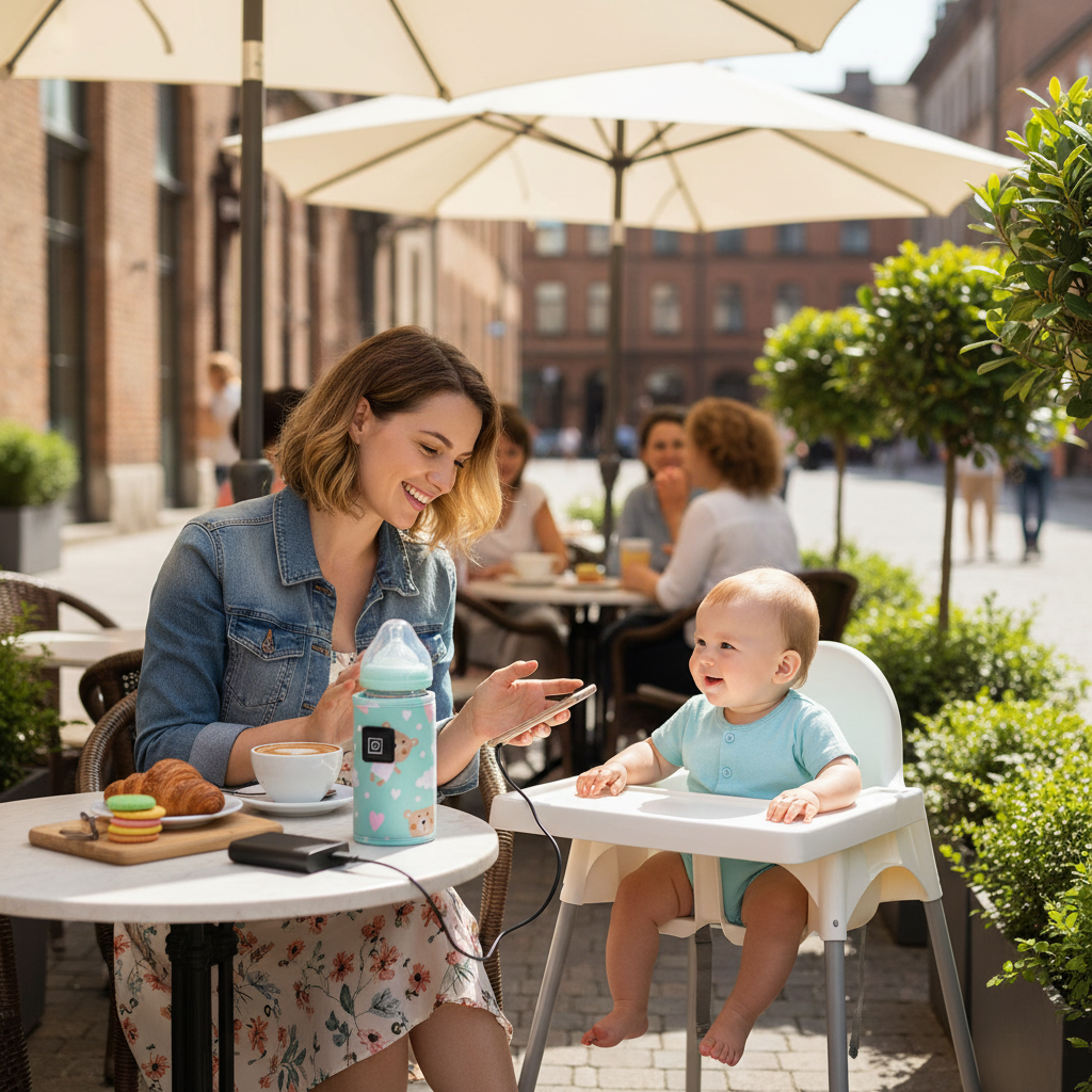 Dış mekan kafesinde anne, turkuaz biberon ısıtıcı kullanıyor
