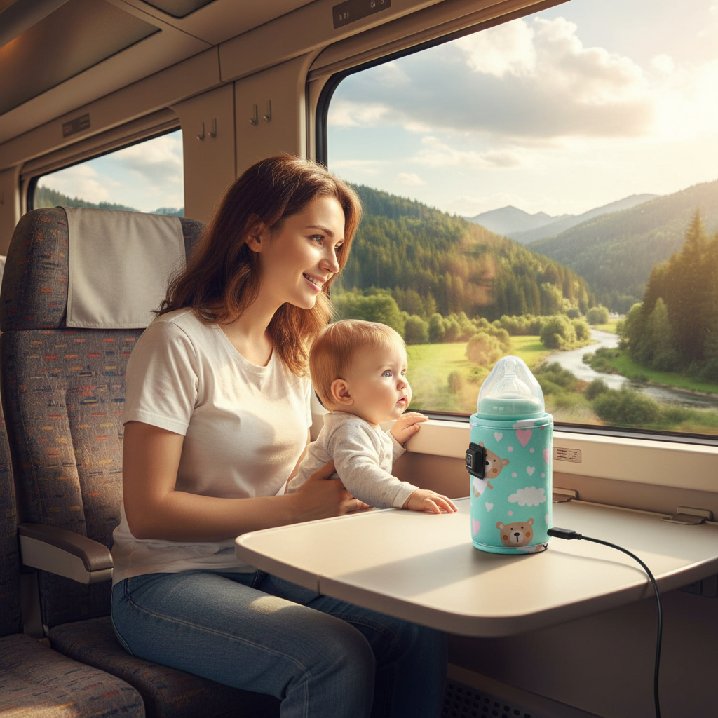 Trende pencere kenarında anne, turkuaz biberon ısıtıcı